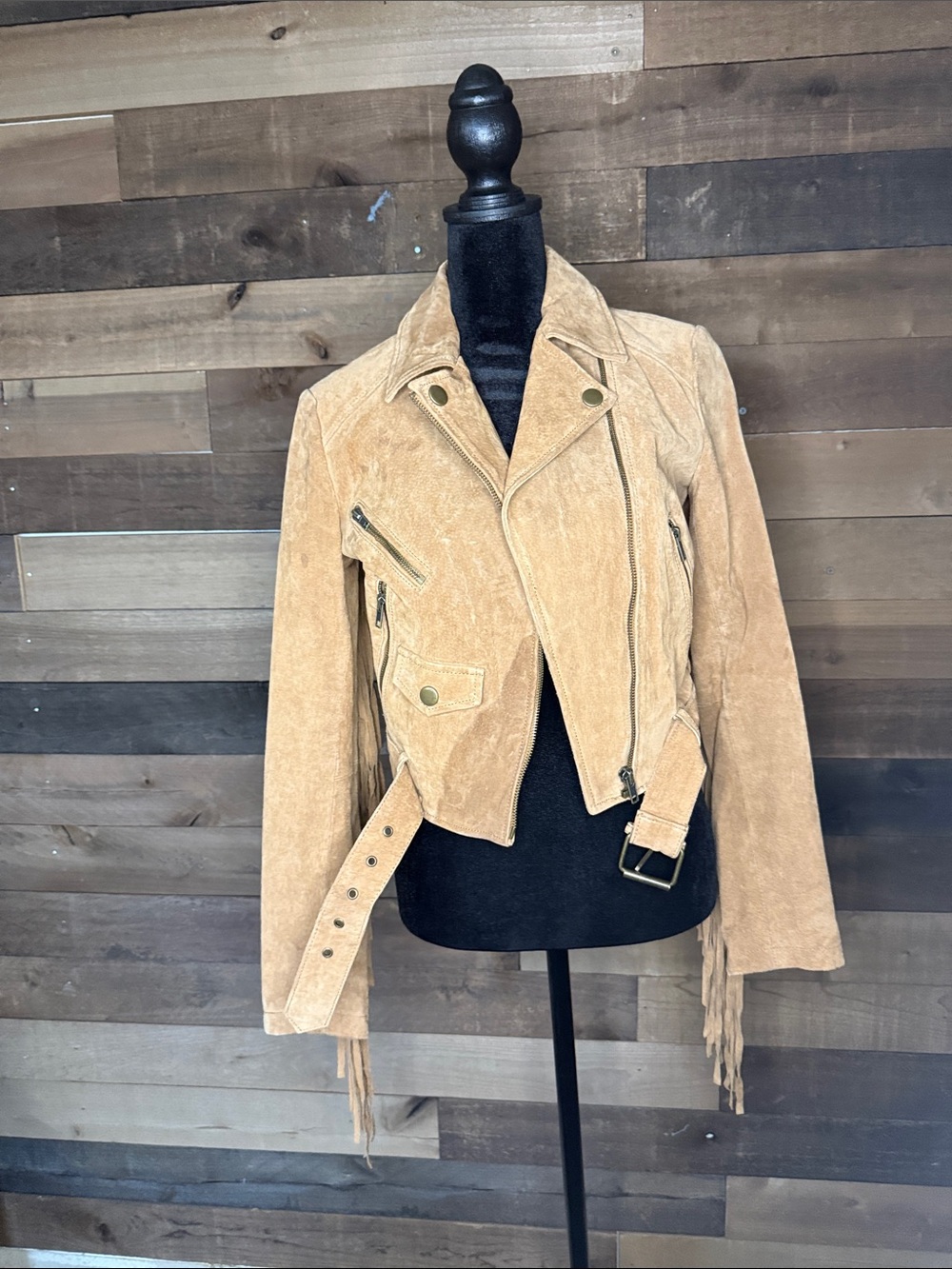 AKIRA Tan Suede Fringe Moto Jacket
